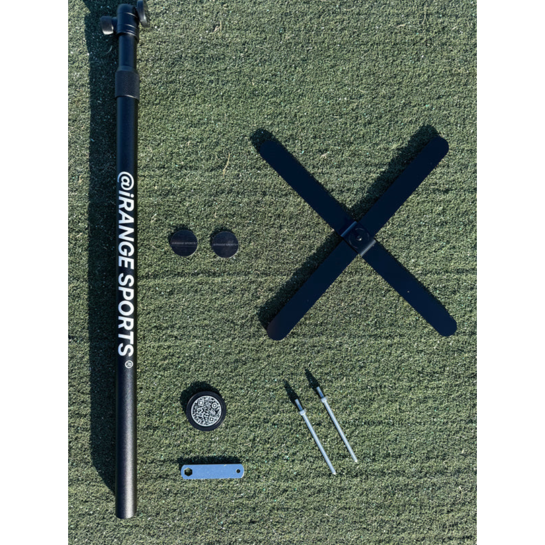 Flat lay shot of all the inclusions of the iRange Sports Range Pro Combo.