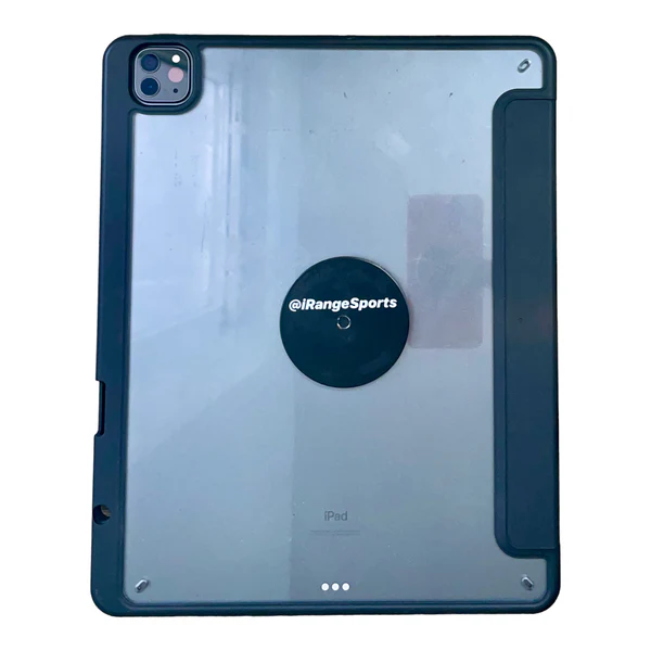 iRange Sports Tablet/iPad Disc securely attached to an iPad for hands-free use.