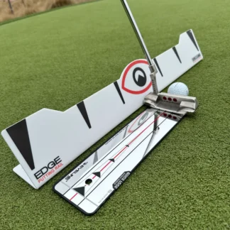 Edge Putting Rail & Quick Look Mirror Combo on the green with a golf club and ball setup.