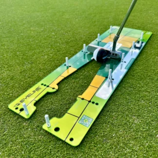 Eyeline Tour Roll Putting Mirror Trainer with a golf ball in putting position on the green.